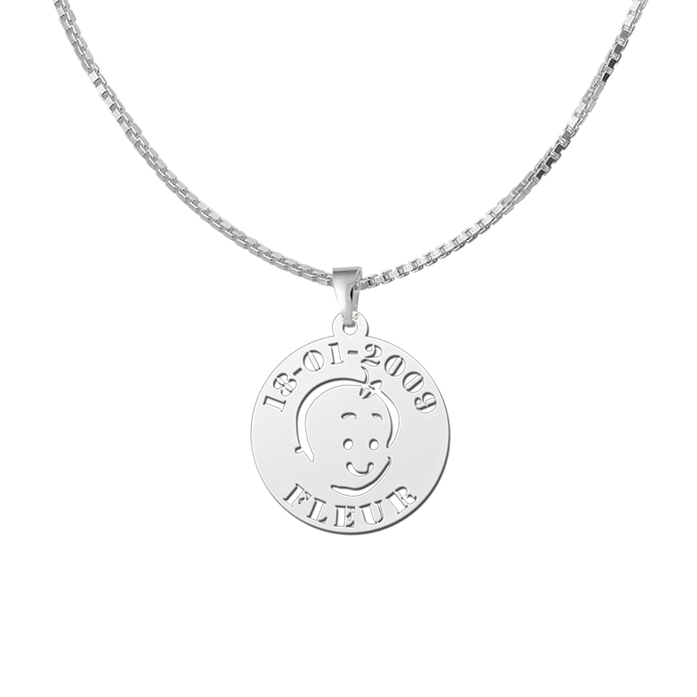 Silver Round Pendant Baby Face with Name and Date