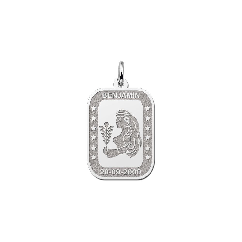 Silver Rectangular Zodiac Pendant Virgo with Name Engraving