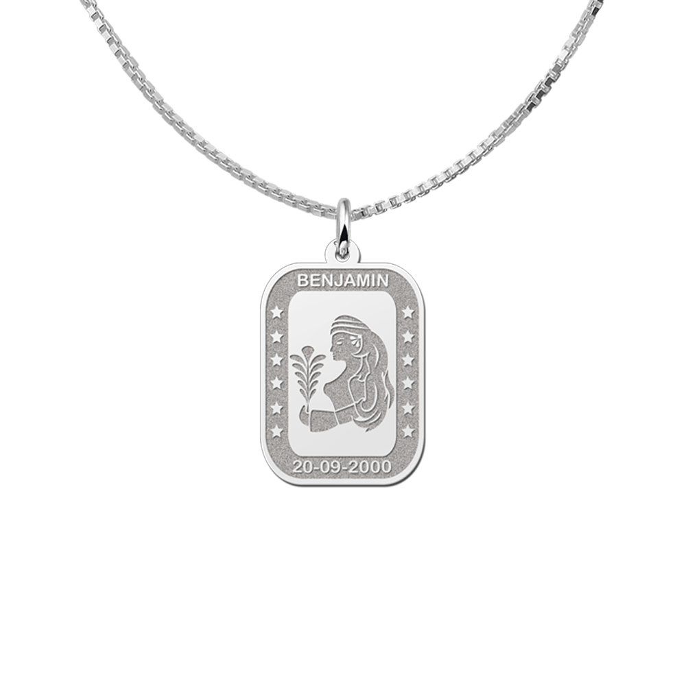 Silver Rectangular Zodiac Pendant Virgo with Name Engraving