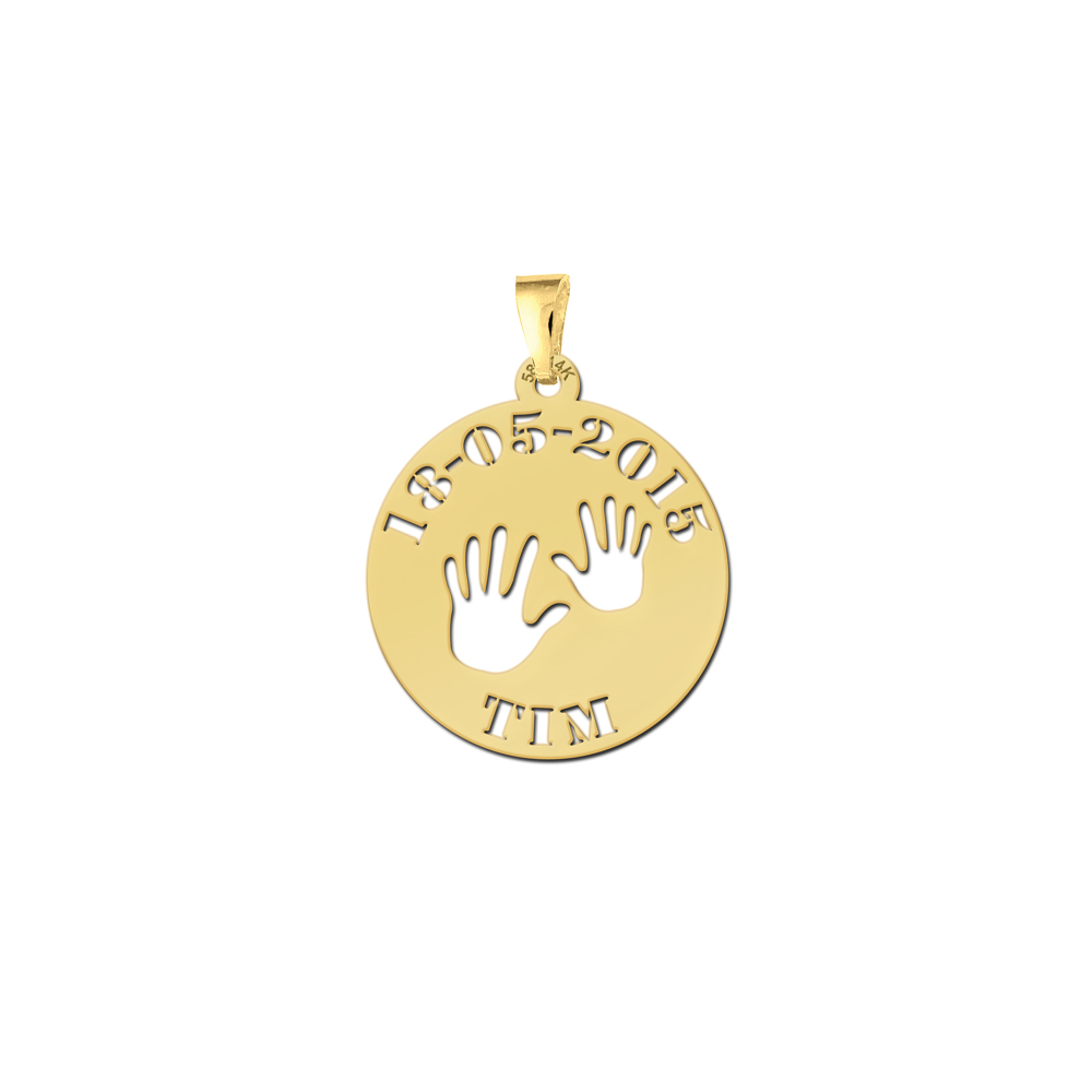 Golden Baby Pendant - Baby Hands with Name and Date