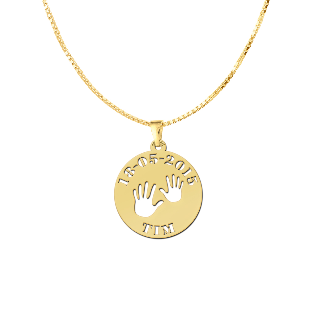 Golden Baby Pendant - Baby Hands with Name and Date