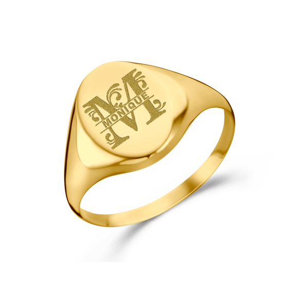 Oval gold signet ring with an initial and a name