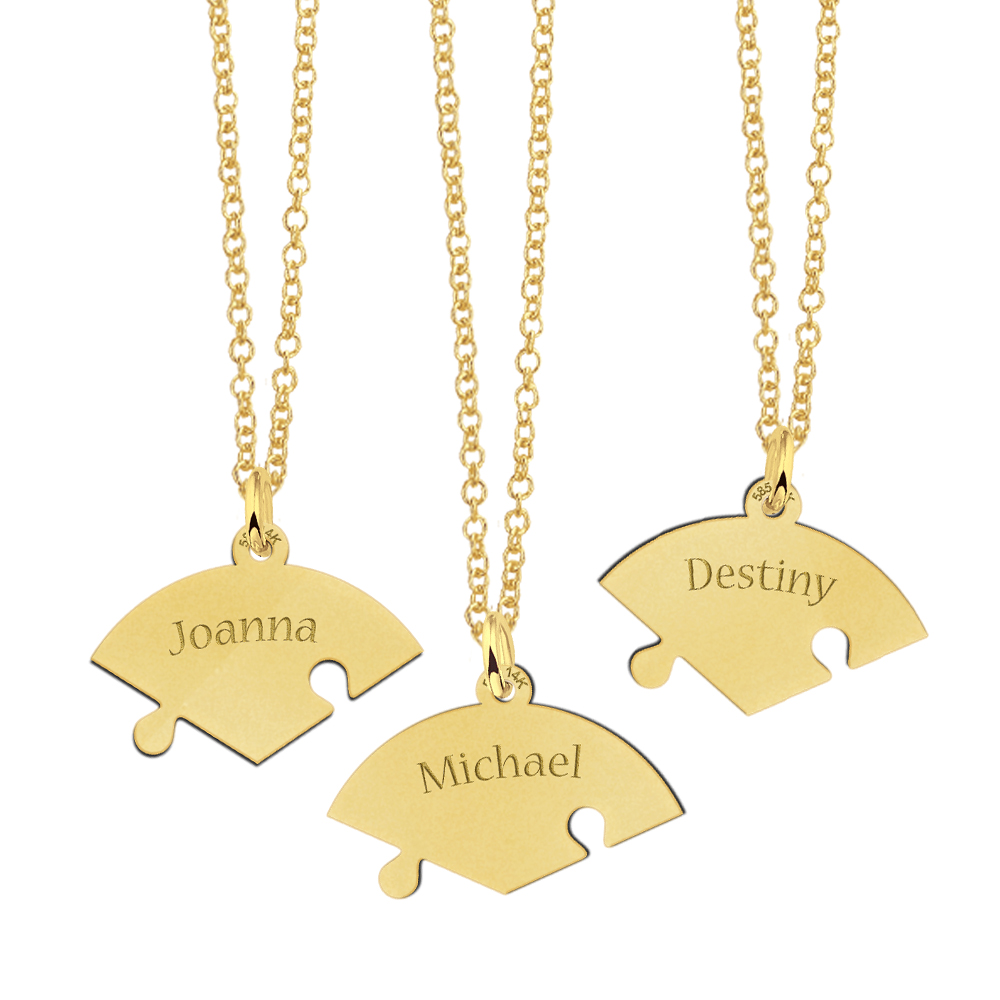 Golden three puzzle piece friendship necklace