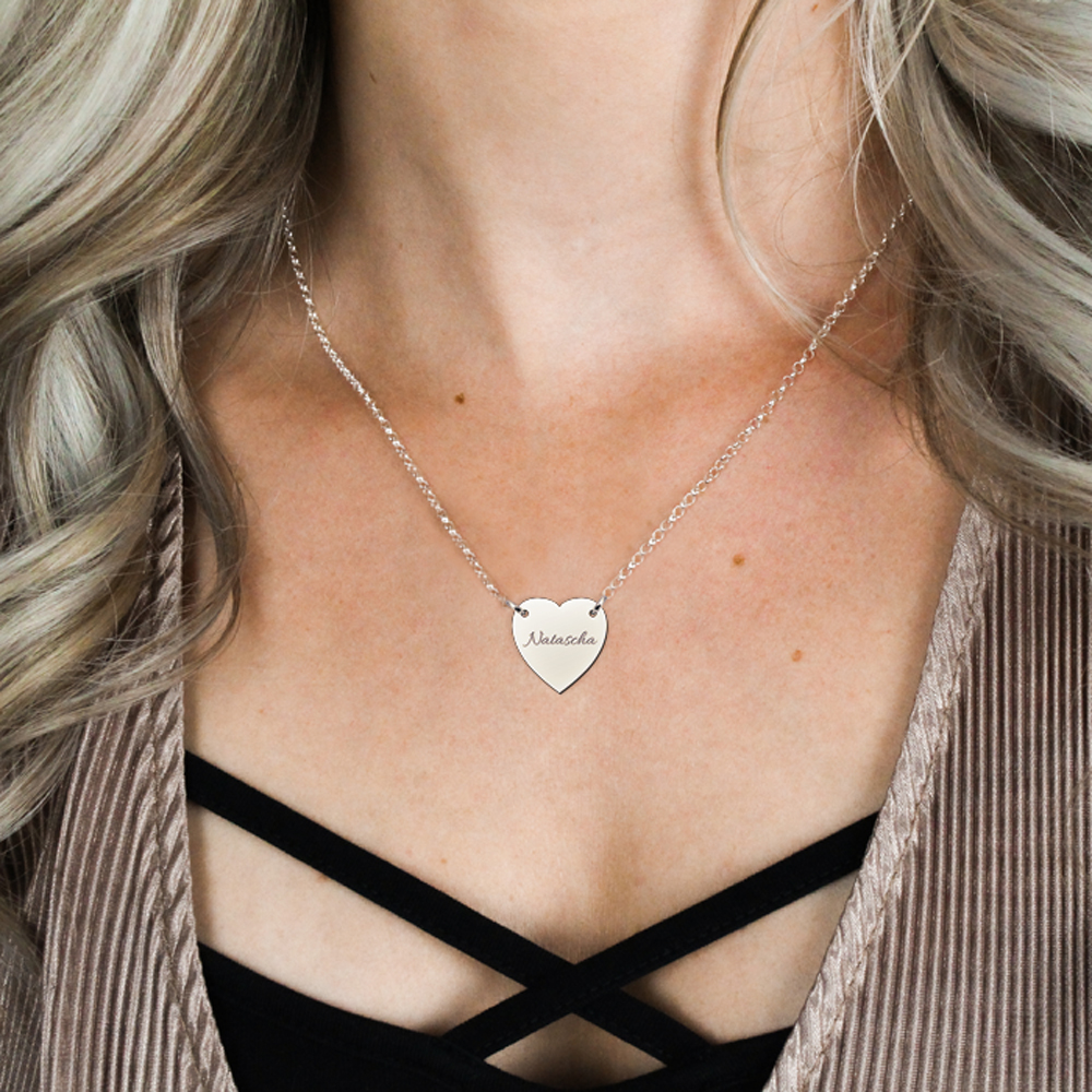 Silver minimalist necklace with heart and engraving