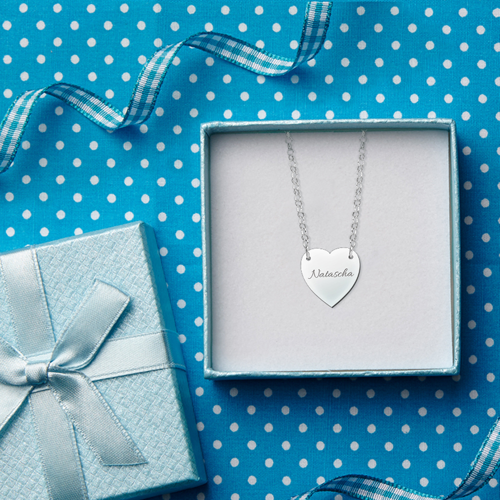 Silver minimalist necklace with heart and engraving