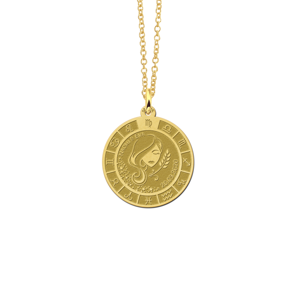 Gold round pendant zodiac virgo