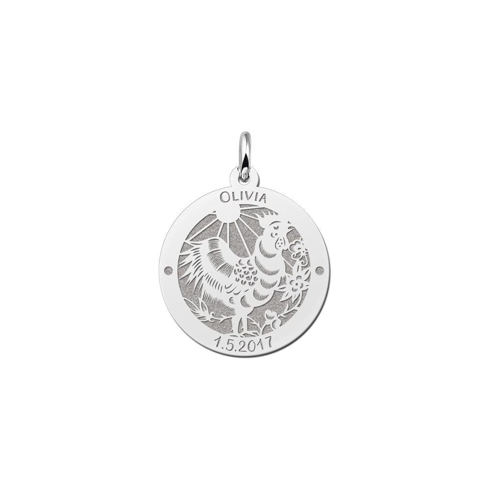 Silver Round Chinese Zodiac Pendant Rooster with Name Engraving