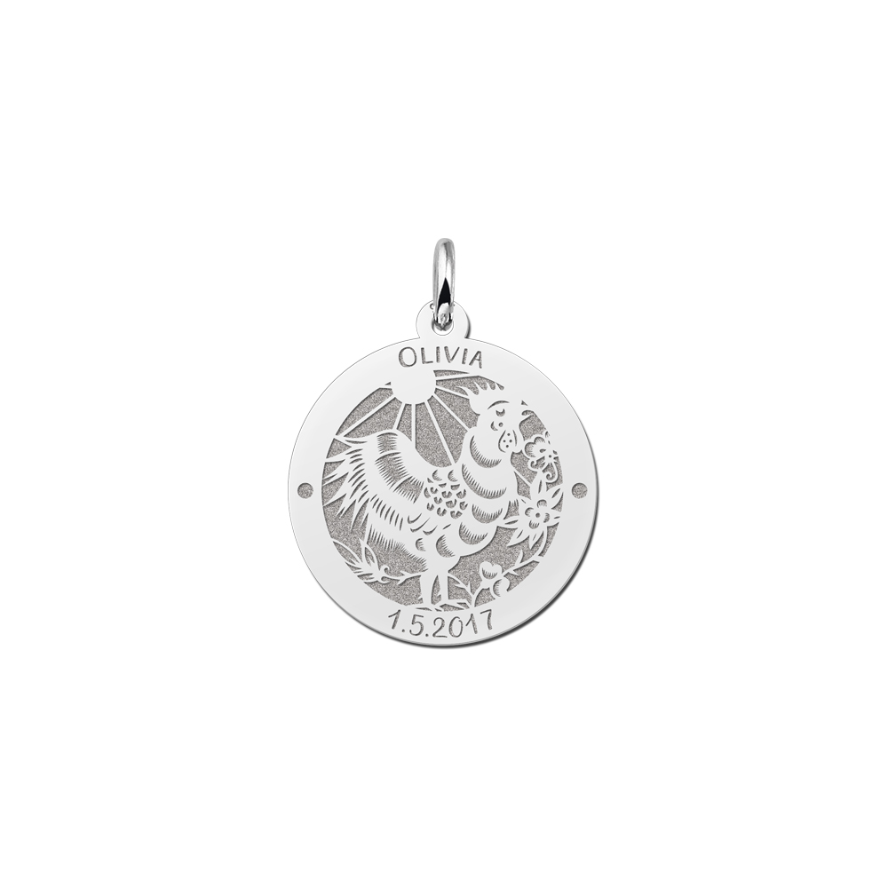 Silver round chinese zodiac pendant cock