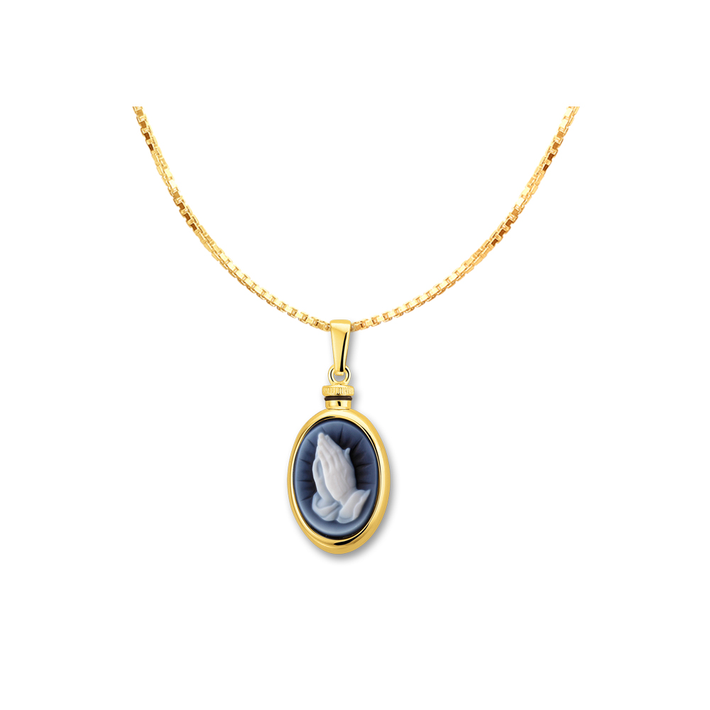 Golden Oval Pendant with Blue Cameo 'Praying Hands'