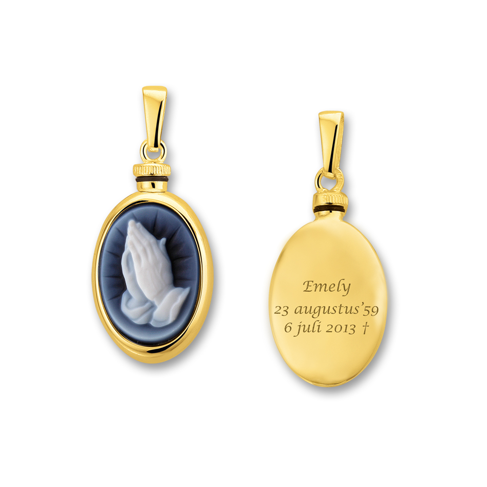 Golden Oval Pendant with Blue Cameo 'Praying Hands'