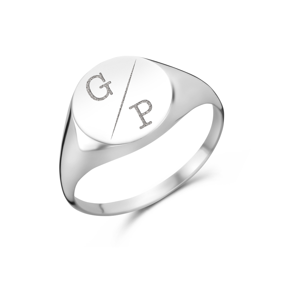 Round silver signet ring with two initial