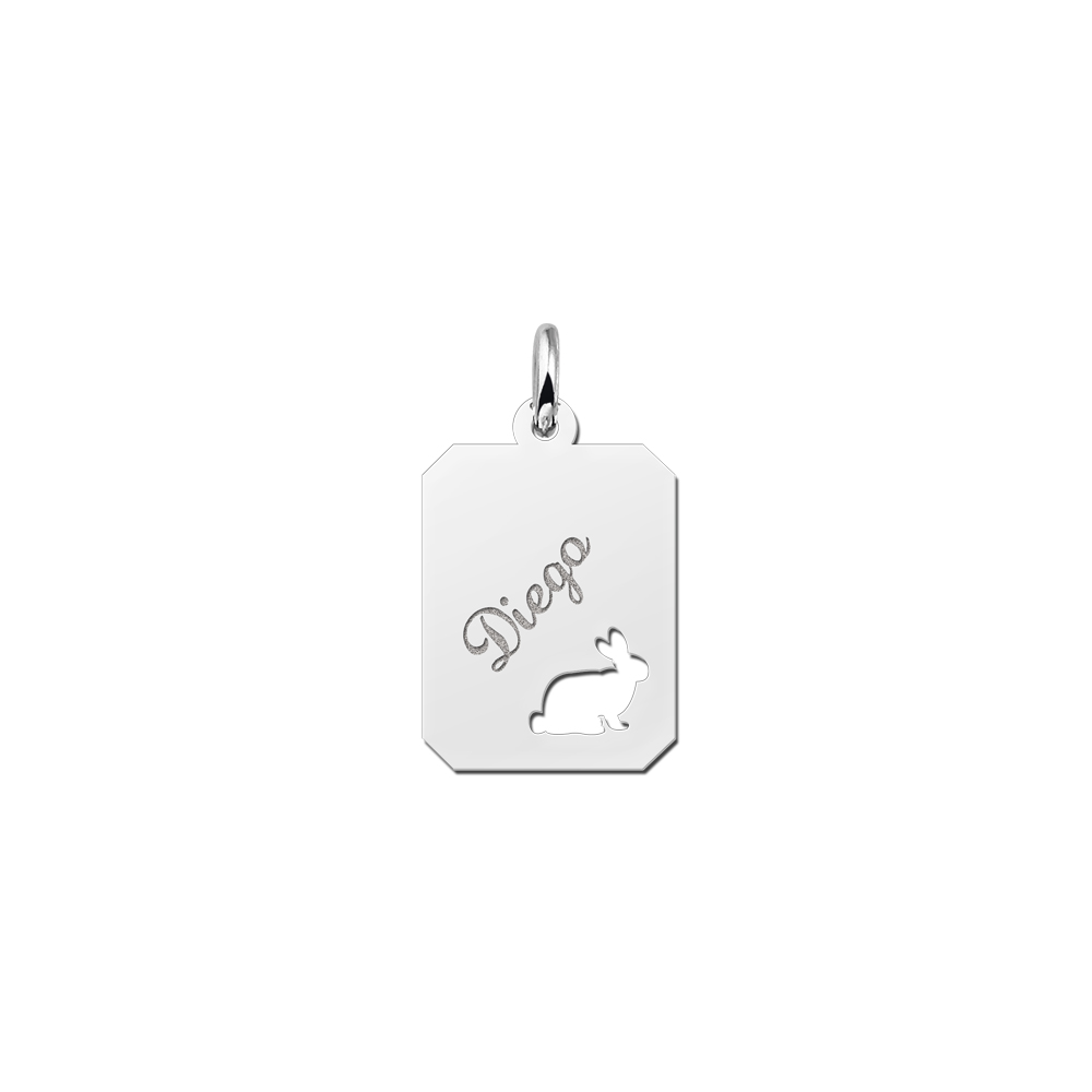 Silver engraved kids rectangle nametag rabbit