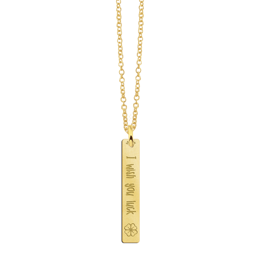 Golden bar necklace pendant with engravement and cloverleaf