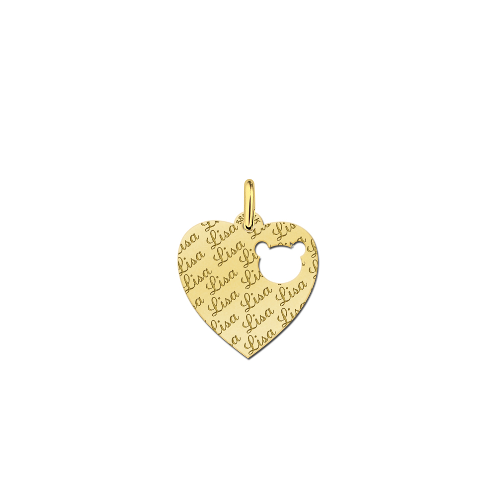 Fully Engraved Gold Heart Necklace with Bearhead
