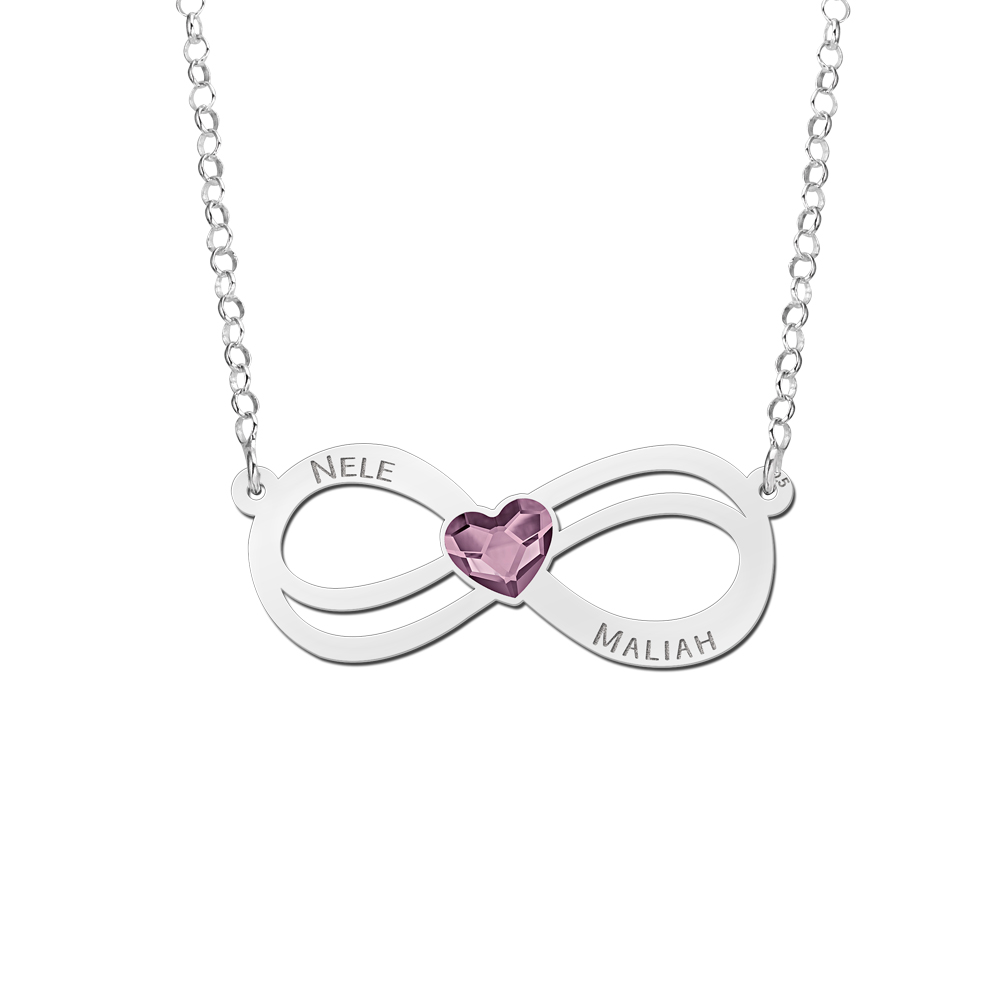 Silver infinity necklace with hearts birthstone