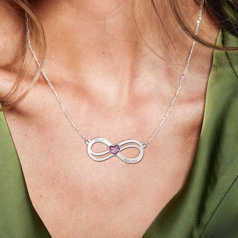 Silver infinity necklace with hearts birthstone