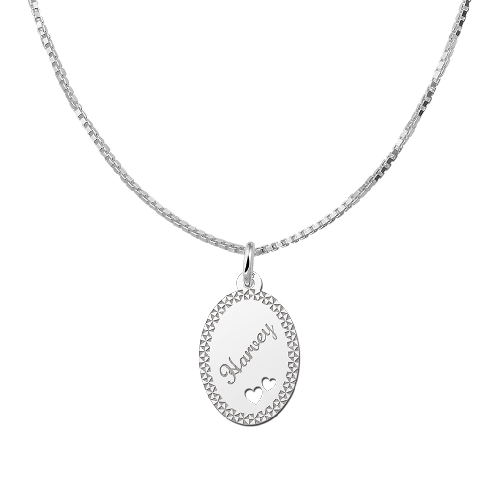 Sterling Silver Oval Necklace with Name, Border and Two Hearts