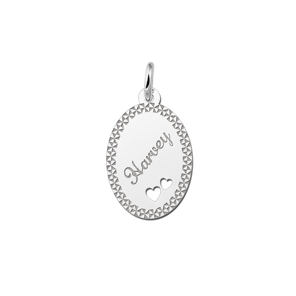 Sterling Silver Oval Necklace with Name, Border and Two Hearts