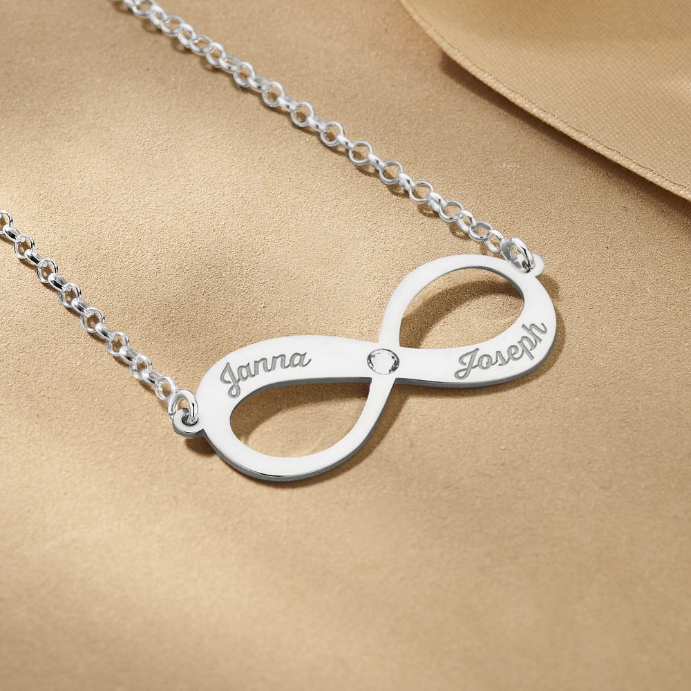 Silver Infinity Necklace With Two Names And Zirconia