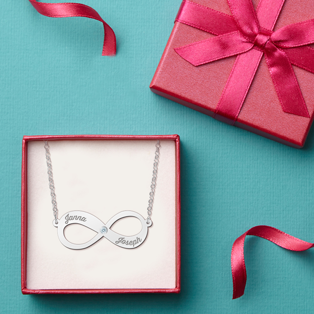 Silver Infinity Necklace With Two Names And Zirconia