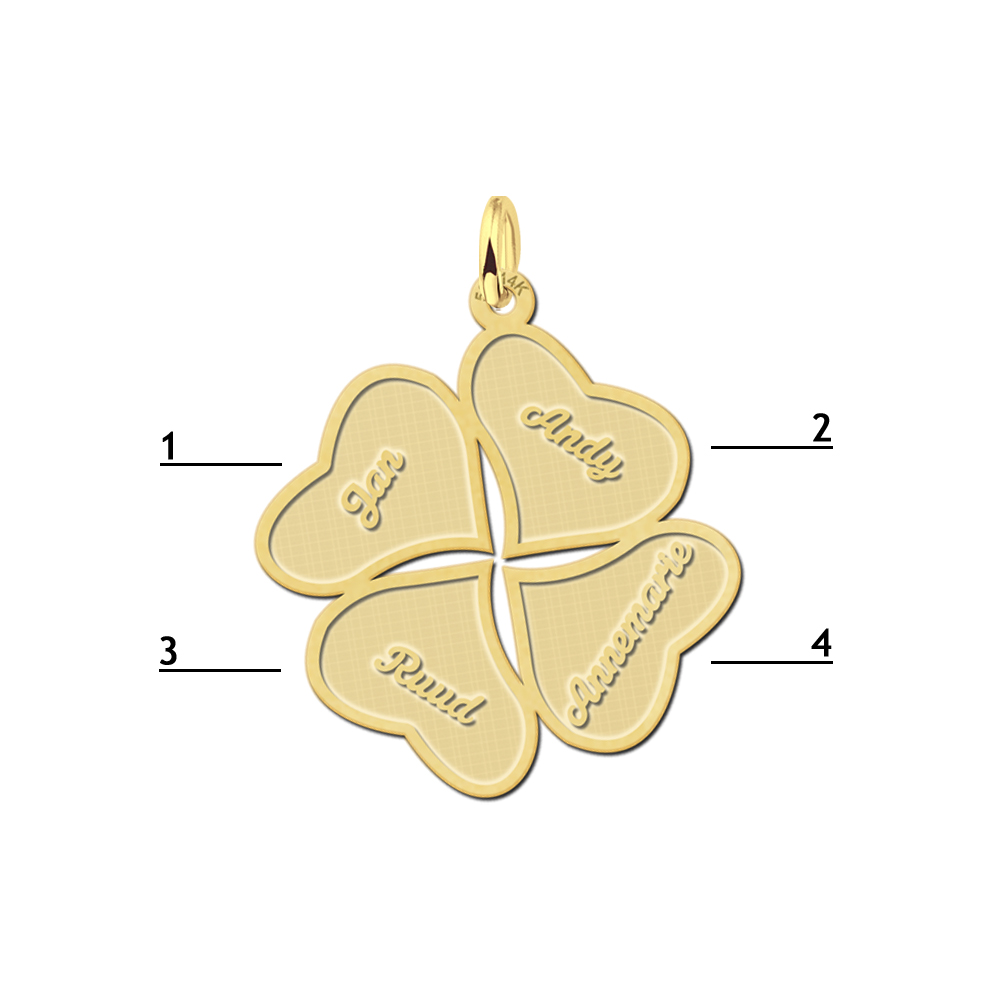 Gold plated pendant four-leaf clover with four names