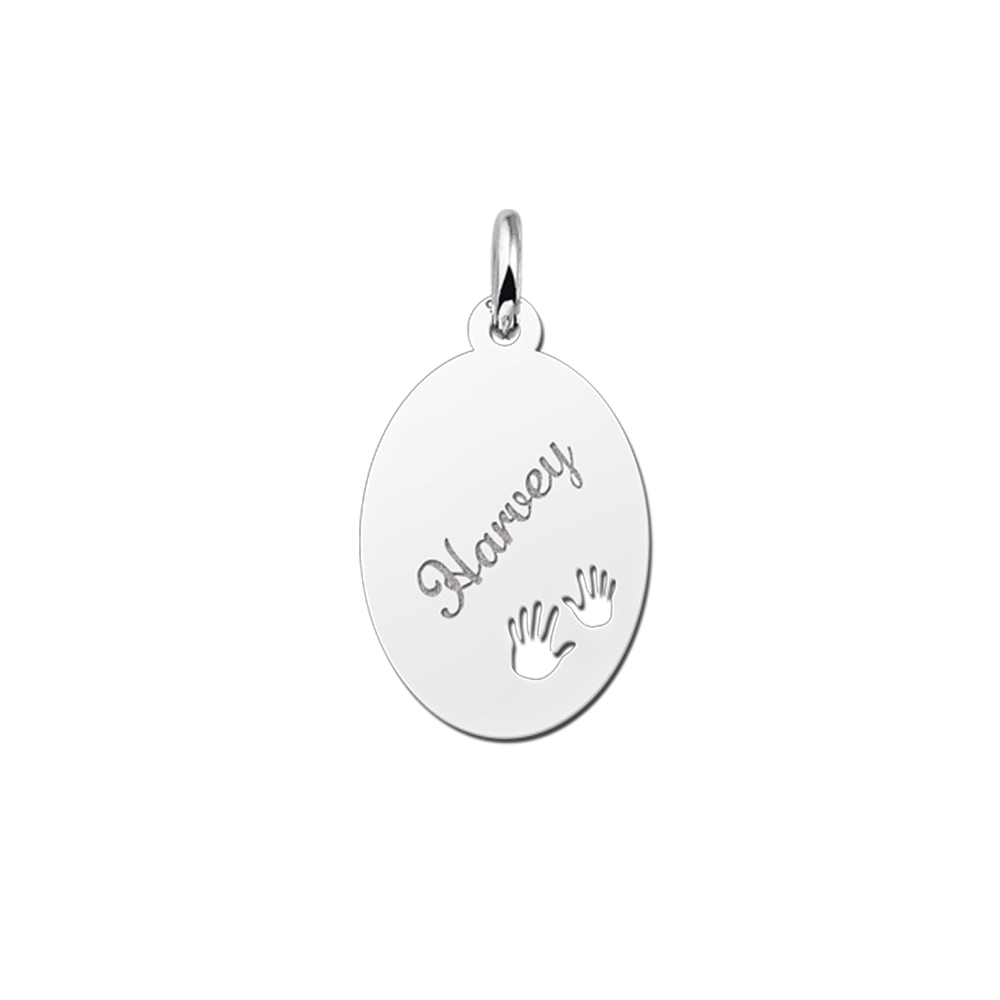 Sterling Silver Oval Pendant with Name and Hands