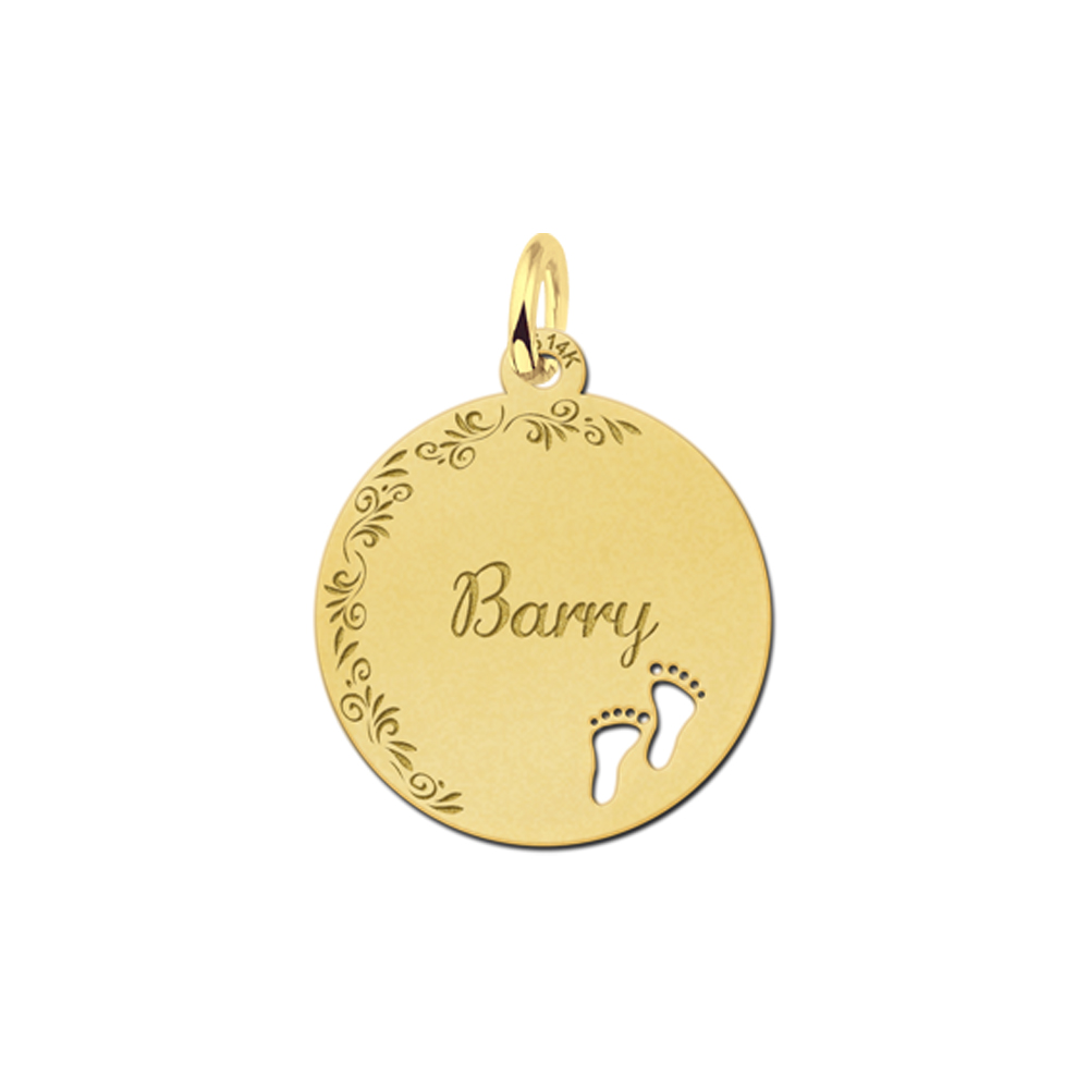 Gold Disc Necklace with Name, Flowers and Baby Feet