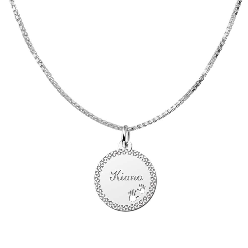 Silver Disc Necklace with Name, Border and Baby Hands