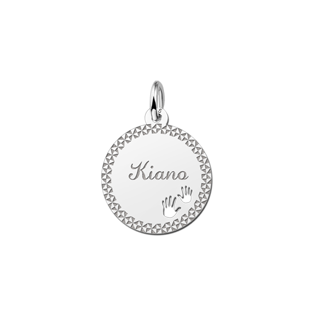 Silver Disc Necklace with Name, Border and Baby Hands