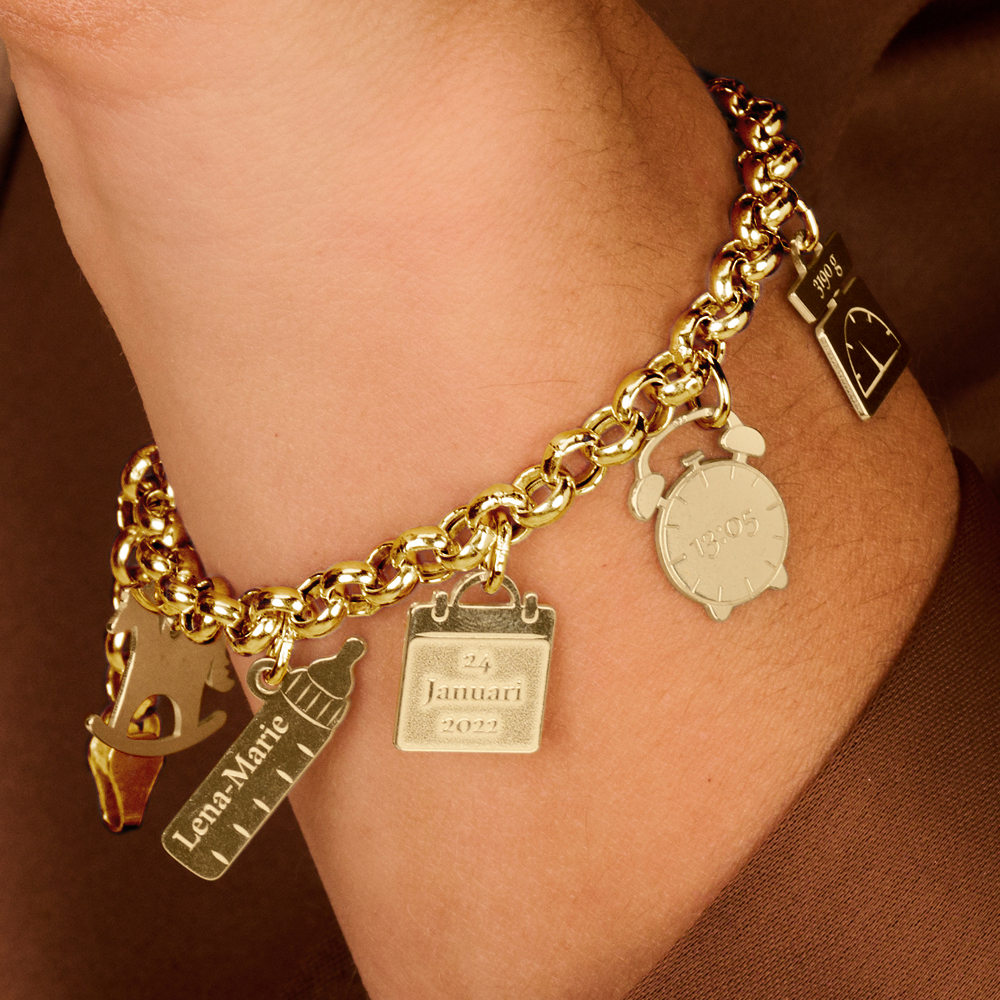 Golden charm bracelet with seven birth charms