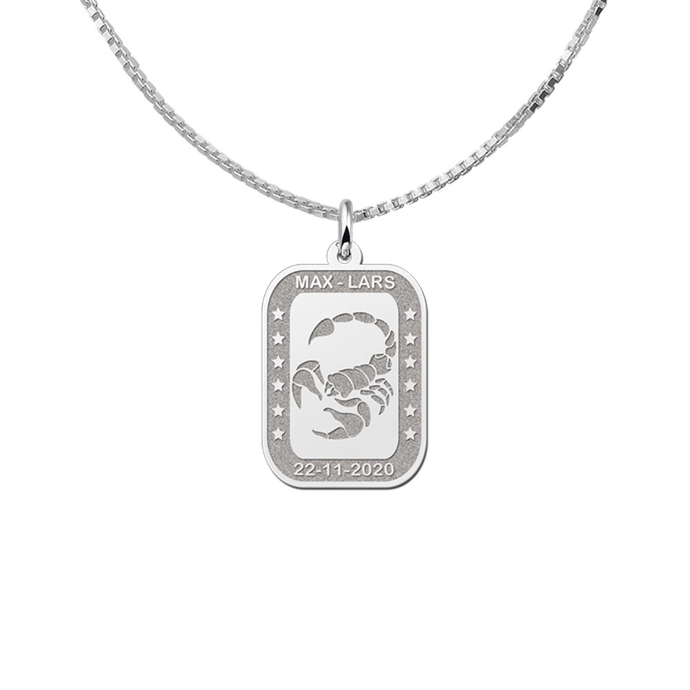 Silver Rectangular Zodiac Pendant Scorpio with Name Engraving