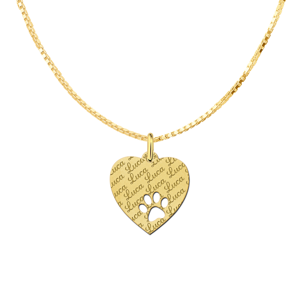 Fully Engraved Gold Heart Necklace with Dog Paw