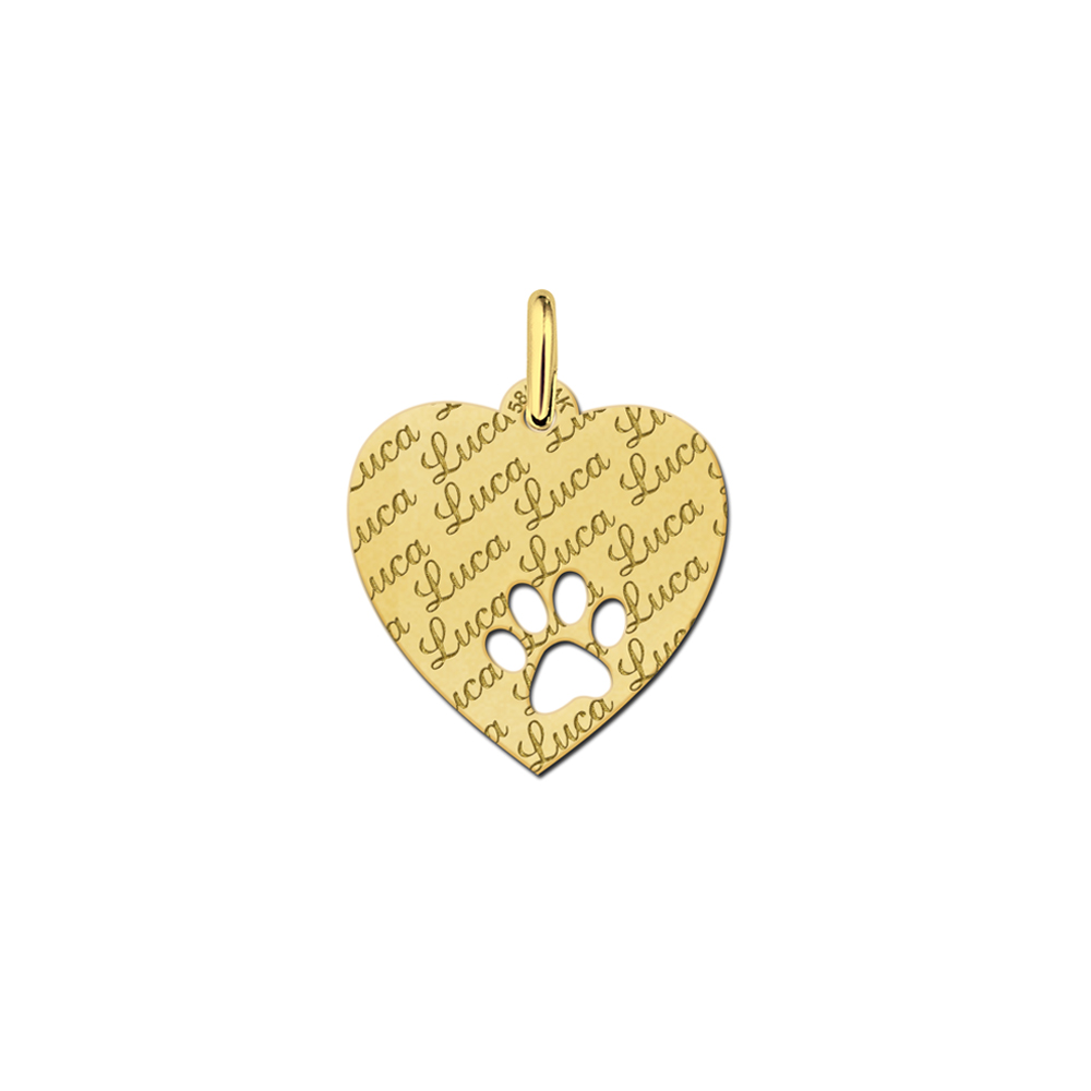 Fully Engraved Gold Heart Necklace with Dog Paw