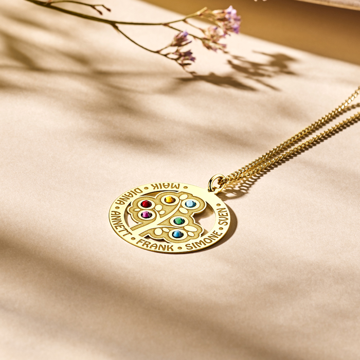 Family Tree Pendant of Gold with Birthstones