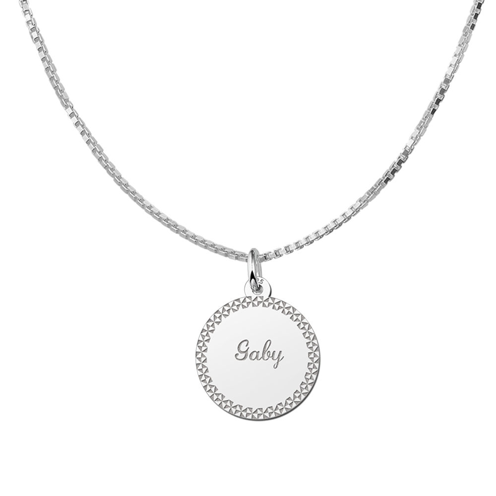 Silver Disc Necklace with Name and Border