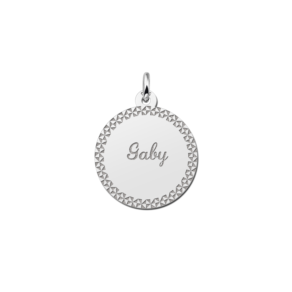 Silver Disc Necklace with Name and Border