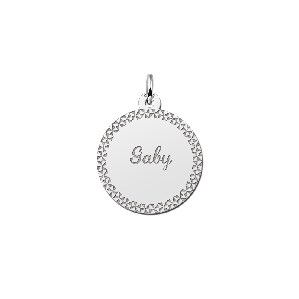 Silver round pendant with decorative edge and name