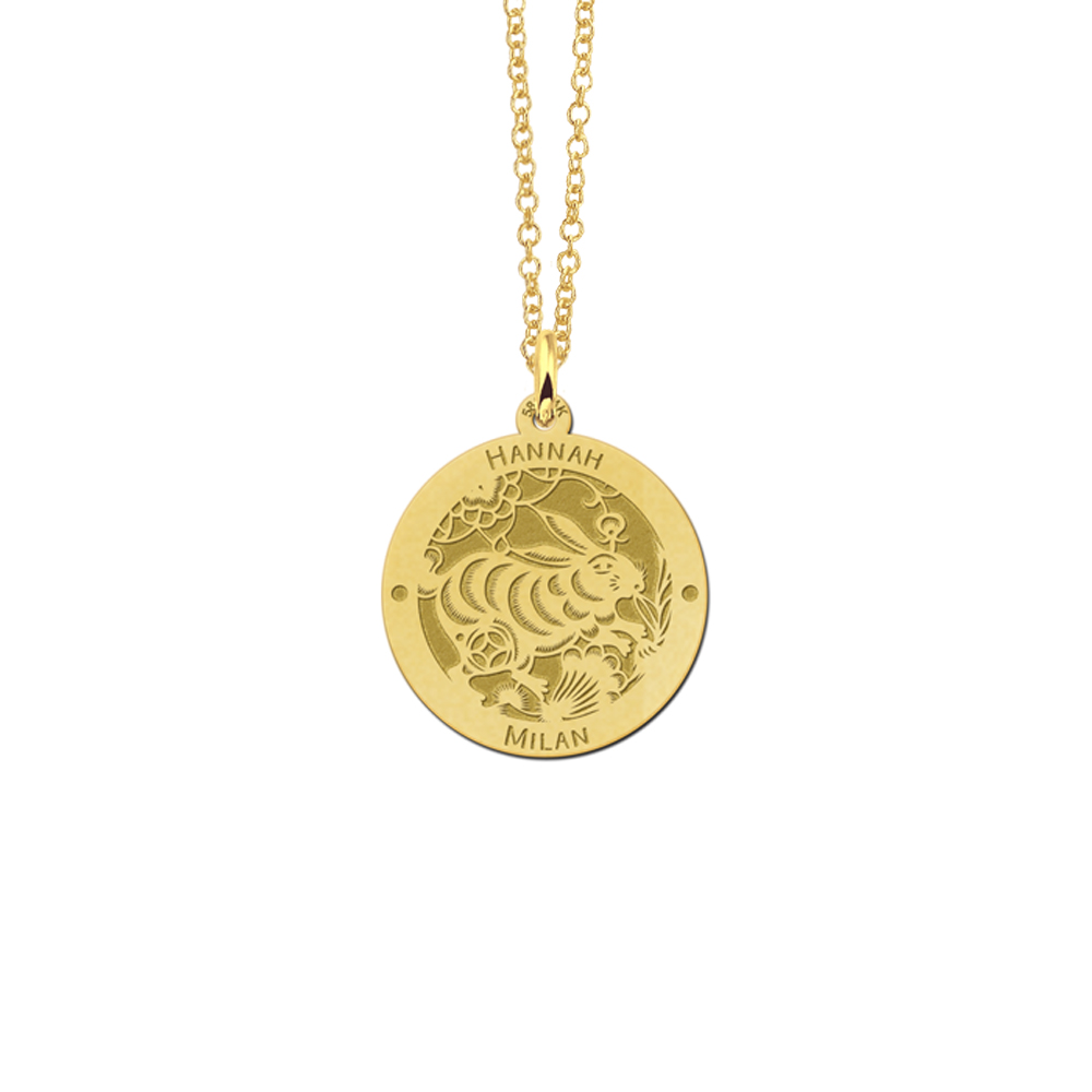 Gold round chinese zodiac pendant rabbit