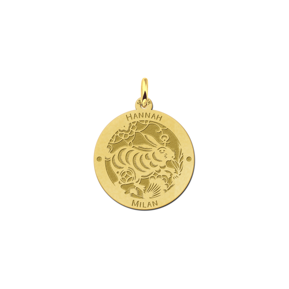 Gold round chinese zodiac pendant rabbit