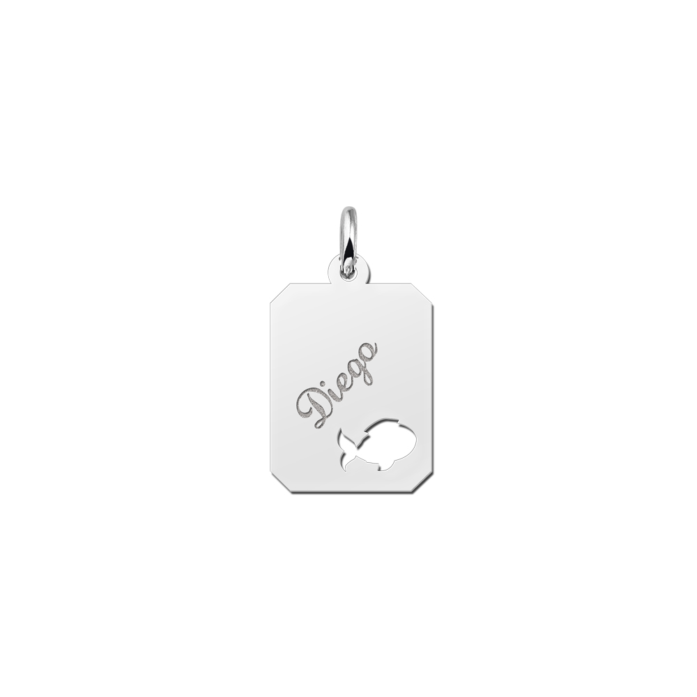 Rectangled Silver Engraved Pendant with a Fish