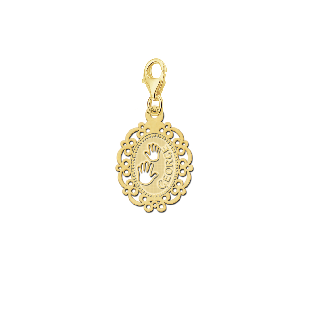 Golden baby charm cameo hands with name