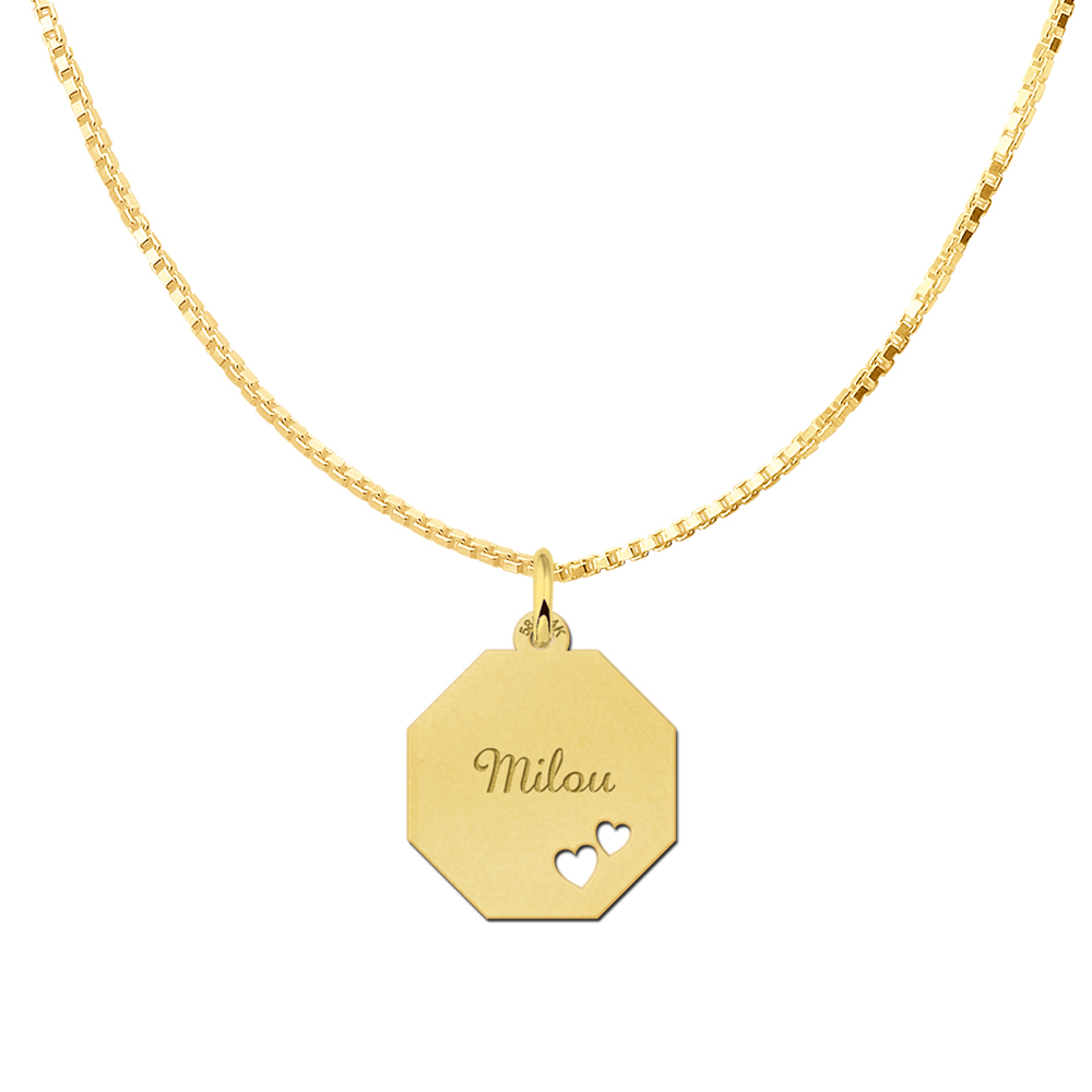 Solid Gold Necklace with Name and Two Hearts