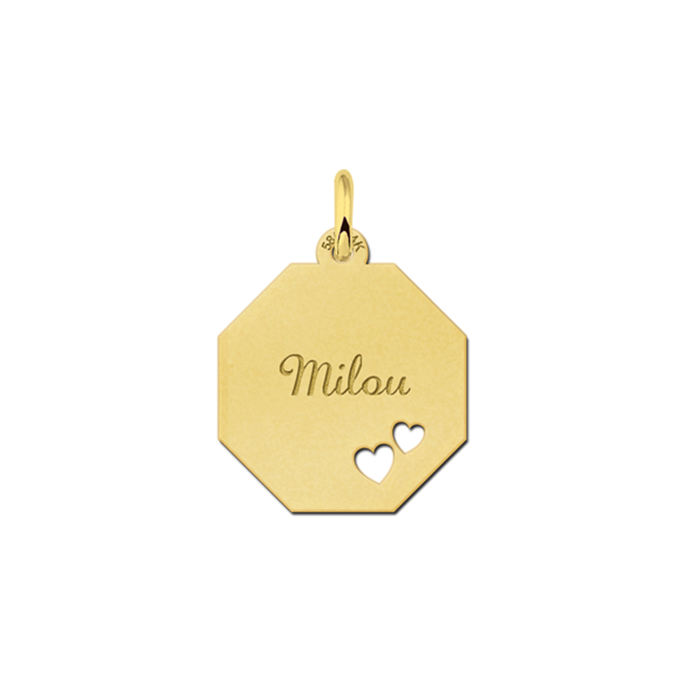 Solid Gold Necklace with Name and Two Hearts