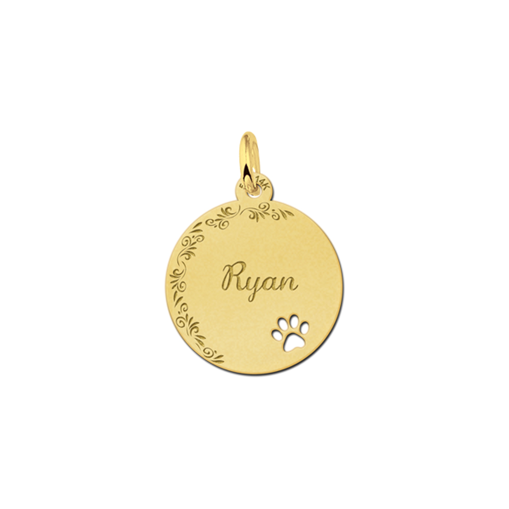 Gold Disc Necklace with Name, Flowerborder and Dog Paw