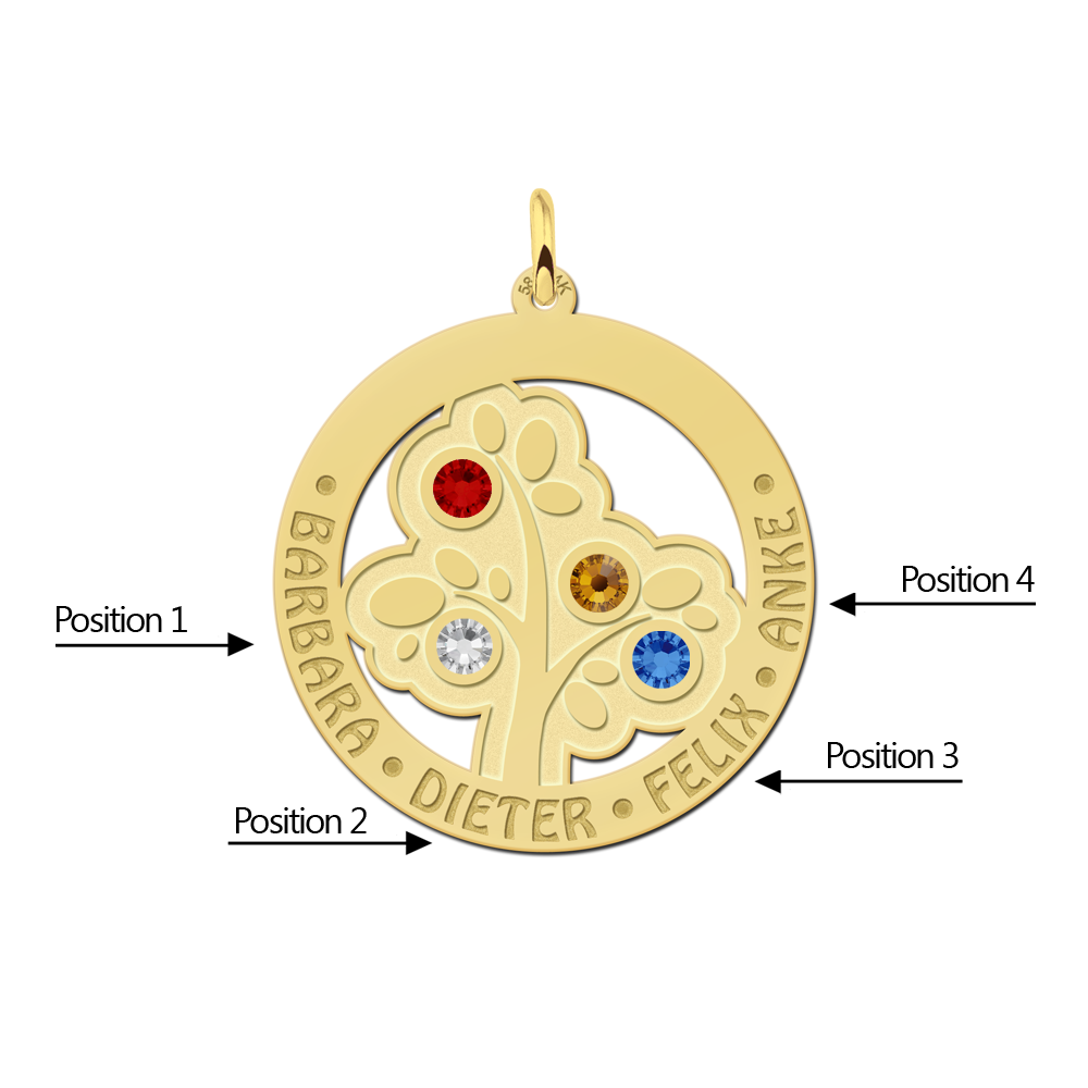 Birthstones in a golden family tree pendant
