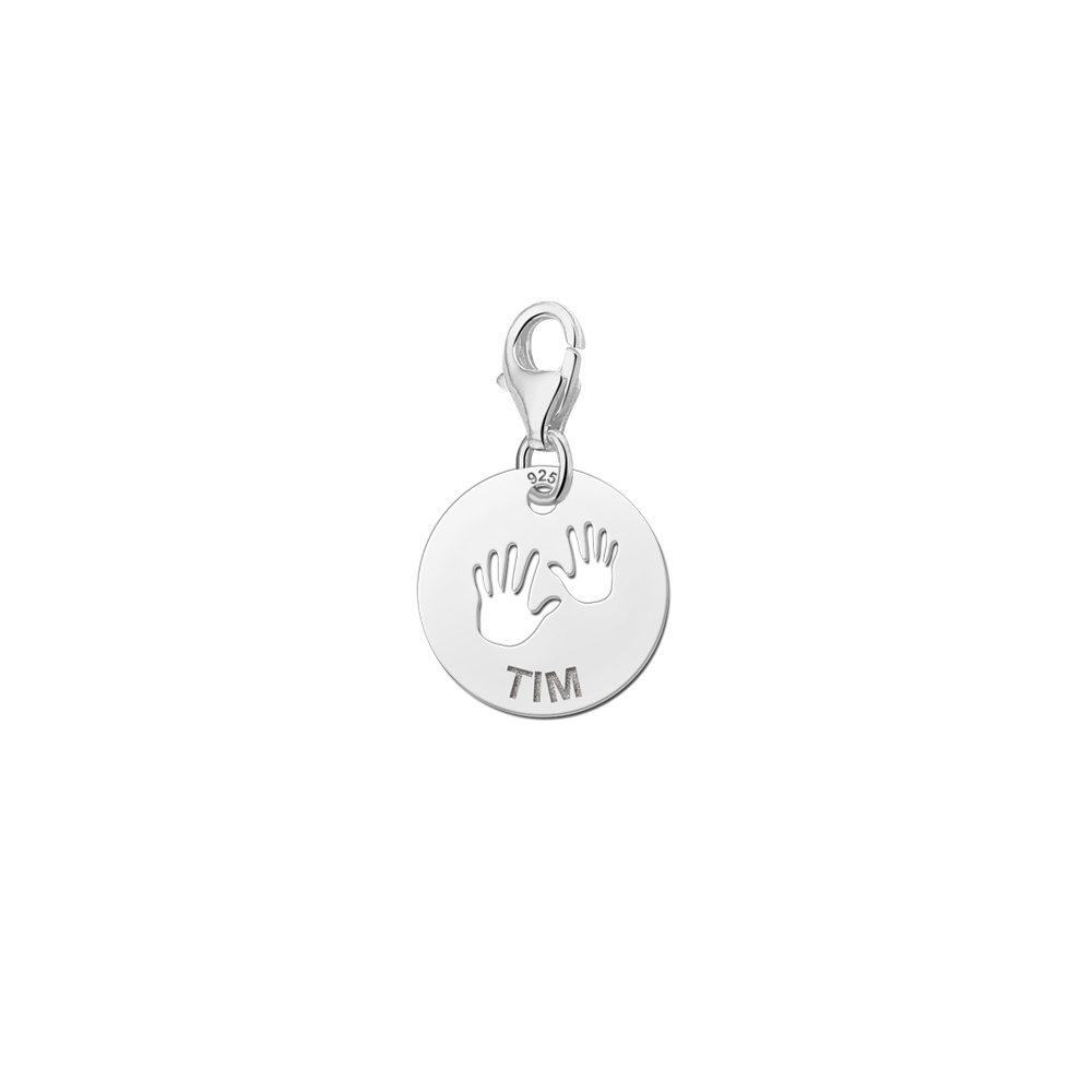 Sterling silver baby charm with handprints and name