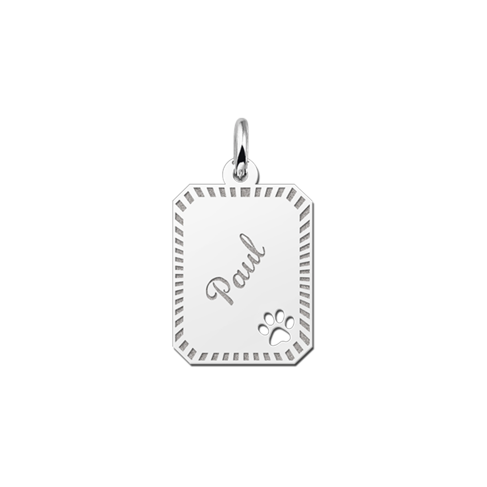 Silver Personalised Dog Tag with Name, Border and Dog Paw