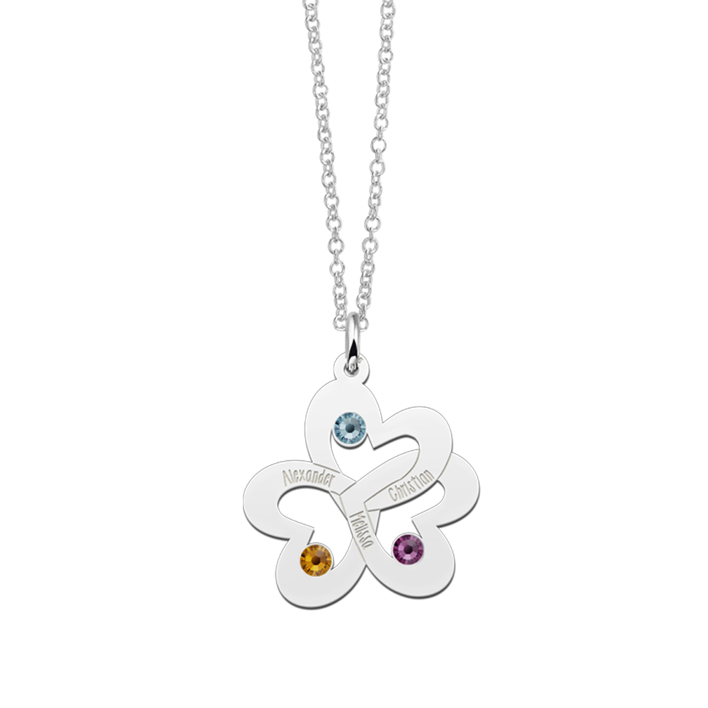 Silver triple heart necklace with birthstones