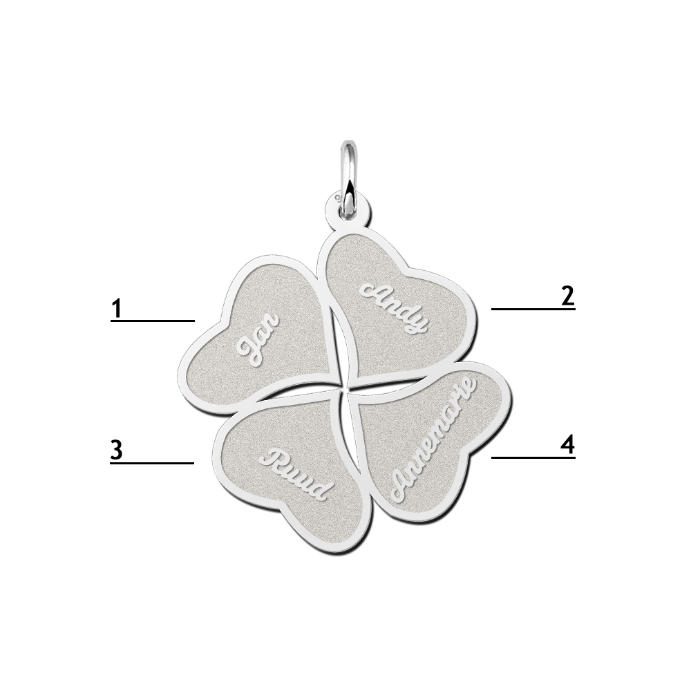 Silver four leaf clover pendant with four names