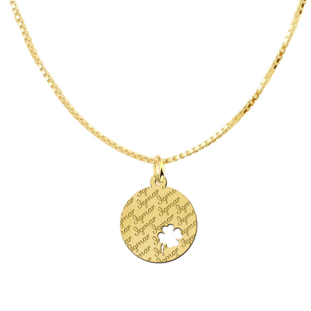 Gold-plated pendant with repeated name and four-leaf clover